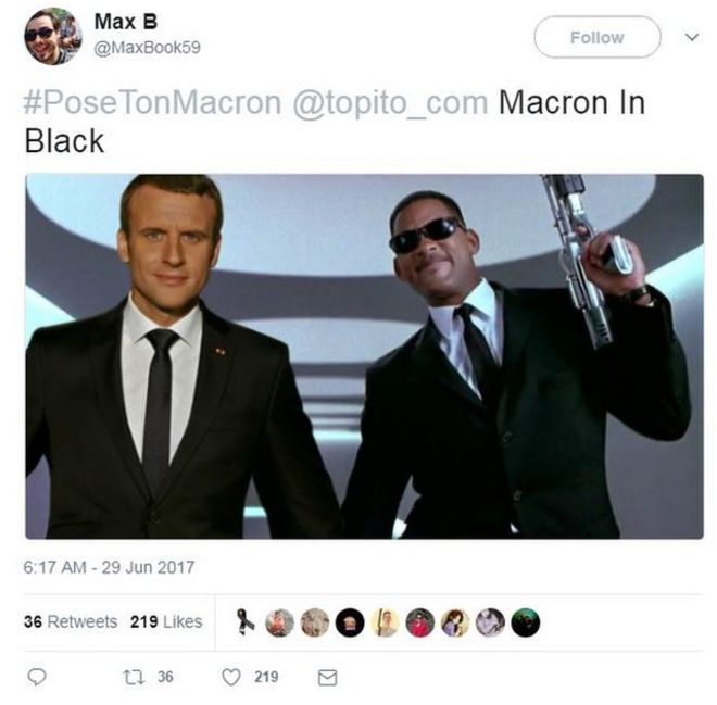 Один твитер Фотошоп Макрон в постере «Люди в черном» рядом с актером Уиллом Смитом