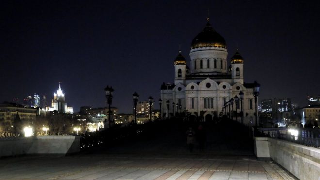 Christ the Saviour Cathedral with its illumination switched off during Earth Hour, in Moscow, Russia