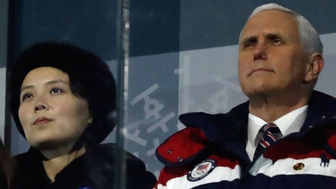 Вице-президент США Пенс (R) сидел рядом с сестрой Ким Чен Ына Ким Ёджон (L) на церемонии открытия