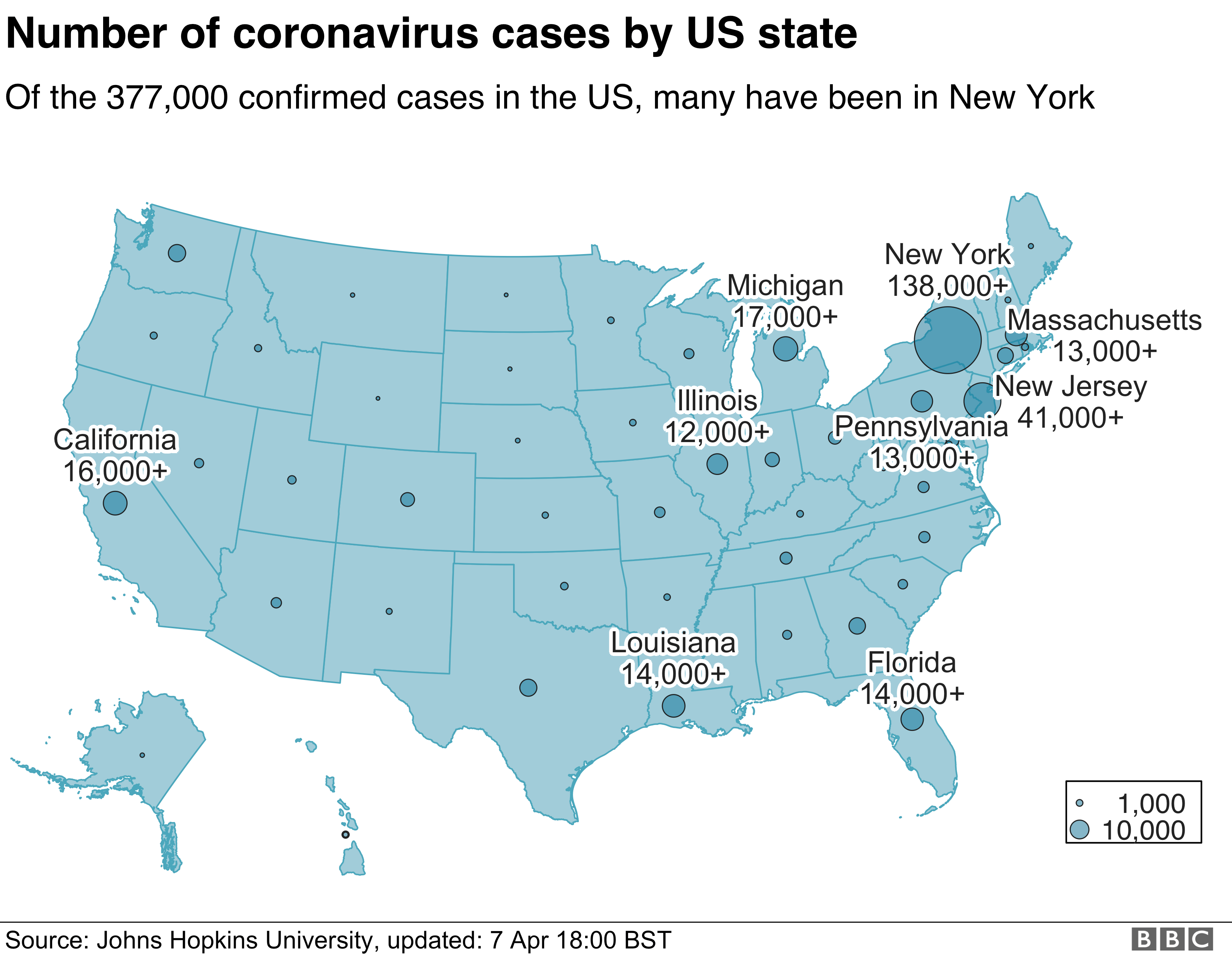 該地圖顯示了美國的病例數。 紐約州的確診病例比其他任何州都多