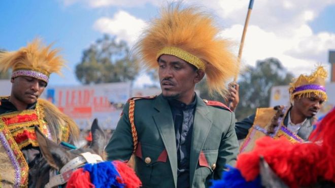 Hachalu on a horse commemorating Oromo horsemen who fought and defeated Italy on the Battle of Adwa in 1896 - March 2019