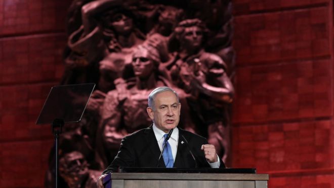 O primeiro-ministro israelense, Benjamin Netanyahu, discursa no Quinto Fórum Mundial do Holocausto em Jerusalém (23 de janeiro de 2020)