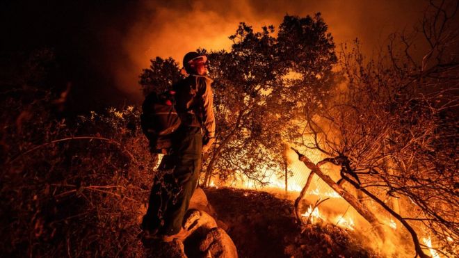 Los bomberos "retroceden" en un intento por contener el incendio de Bobcat en el Bosque Nacional Ángeles, cerca de Arcadia, California (13 de septiembre de 2020)