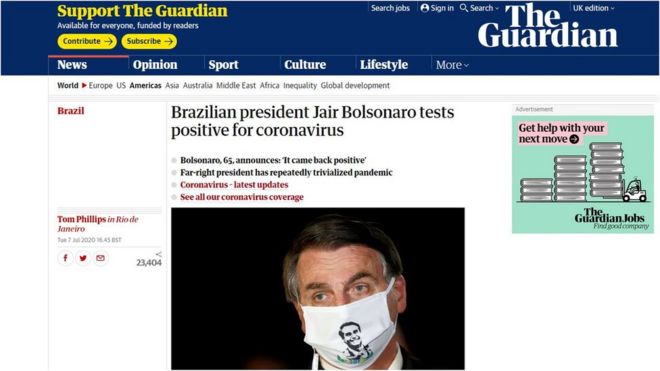 Reportagem do jornal The Guardian sobre diagnóstico positivo de Jair Bolsonaro