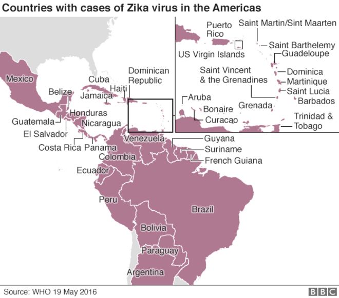 Карта, показывающая страны, которые подтвердили случаи заражения вирусом Зика