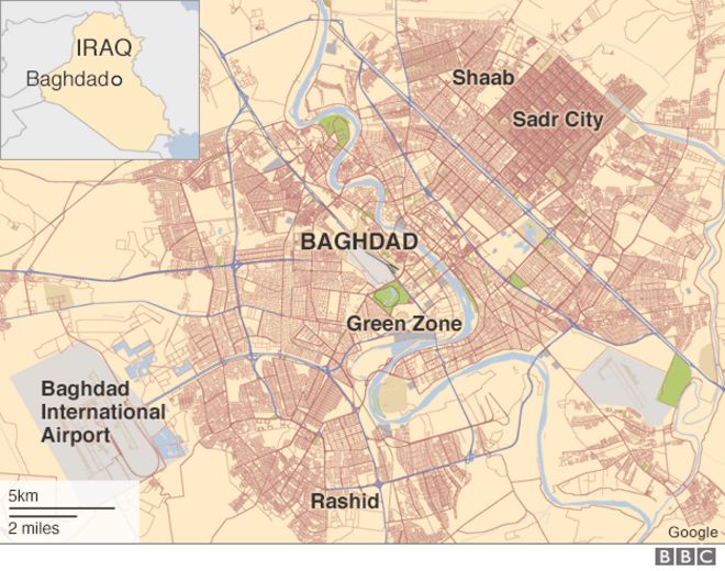 Карта Багдада с указанием мест расположения городов Садр, Шааб и Рашид