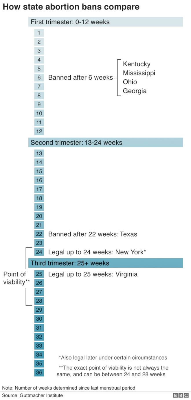 Диаграмма, показывающая, какие состояния имеют запреты в какой момент беременности; Джорджия, Кентукки, Миссисипи и Огайо являются самыми строгими с 6 недельными запретами
