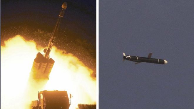 북한이 13일 공개한 신형 장거리 순항미사일 시험발사 사진