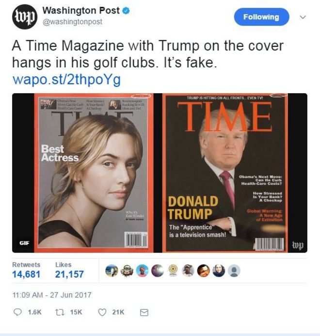 The Washington Post опубликовала в Твиттере фотографию фальшивой обложки Трампа рядом с актуальным выпуском журнала Time за март 2009 года с участием актрисы Кейт Уинслет