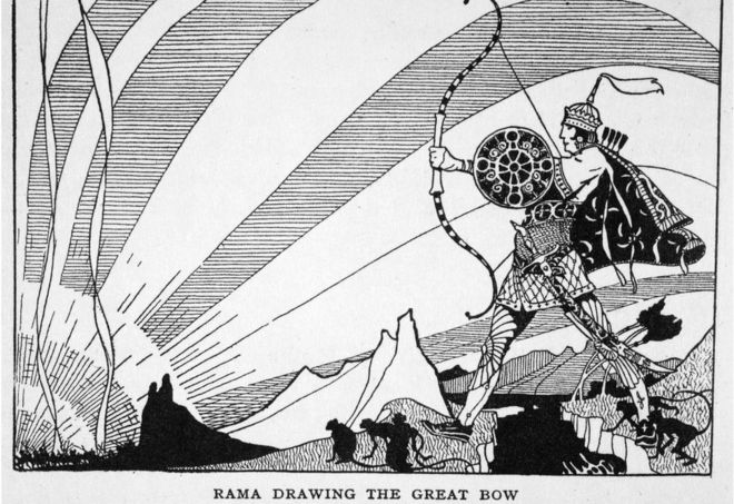 Rama Drawing the Great Bow '', 1925. Сцена из индийской эпической поэмы "Рамаяна". Рама готовится уволить Брахмастру в его последней победной битве с королем демонов Раваной.
