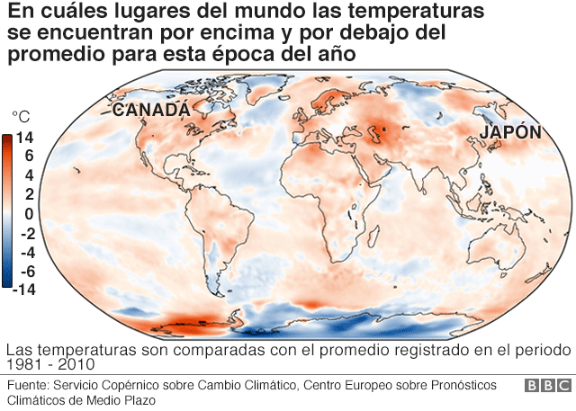 Lugares del mundo con temperaturas por debajo y por encima del promedio.