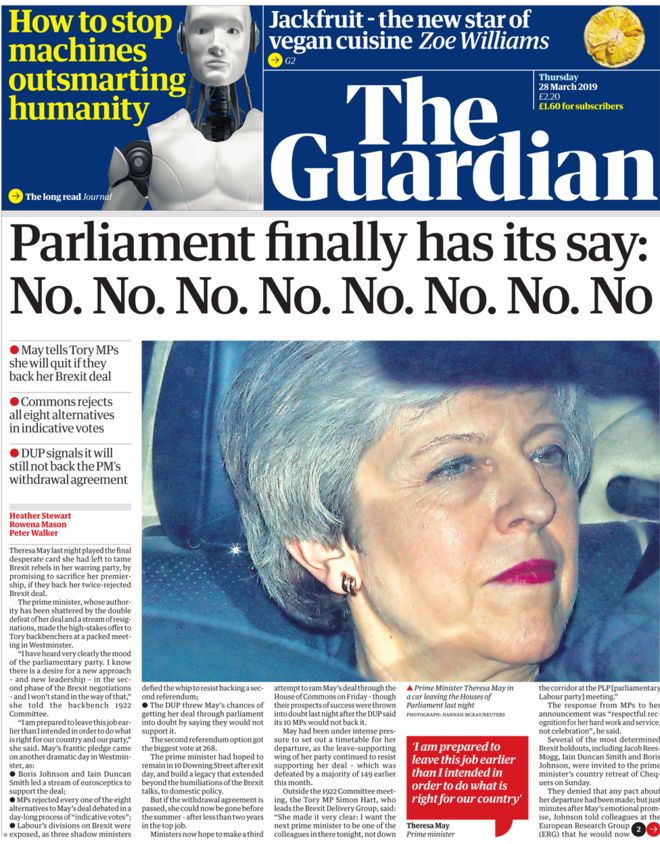 The Guardian front page, 28/3/19