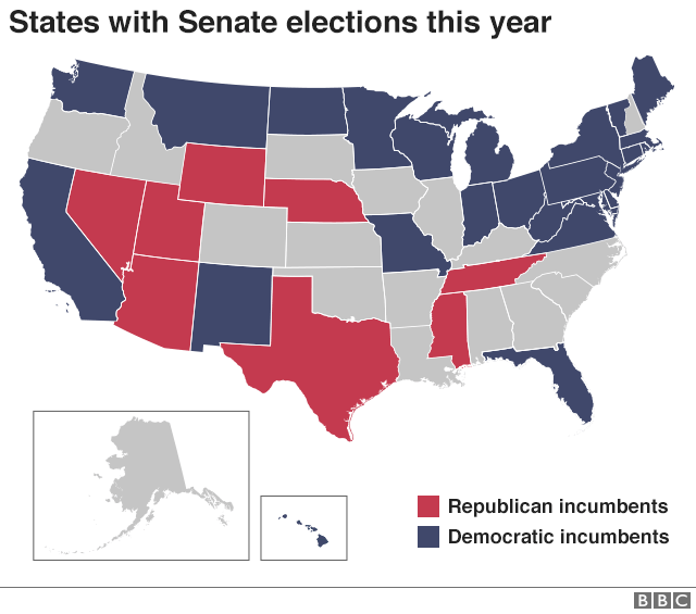 Карта штатов США, в которых состоятся выборы в Сенат в этом году.