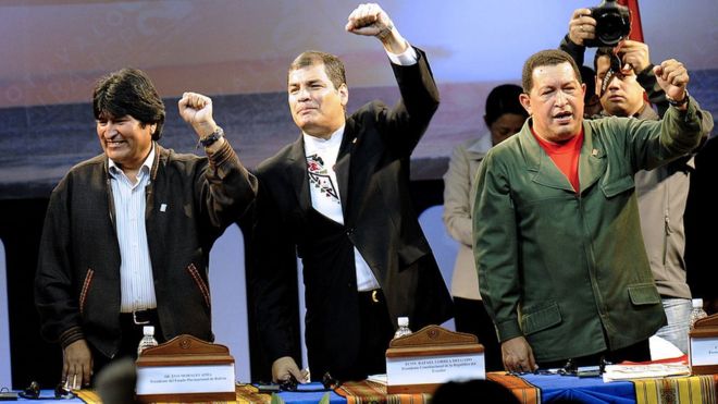 Evo Morales, Rafael Correa y Hugo Chávez.