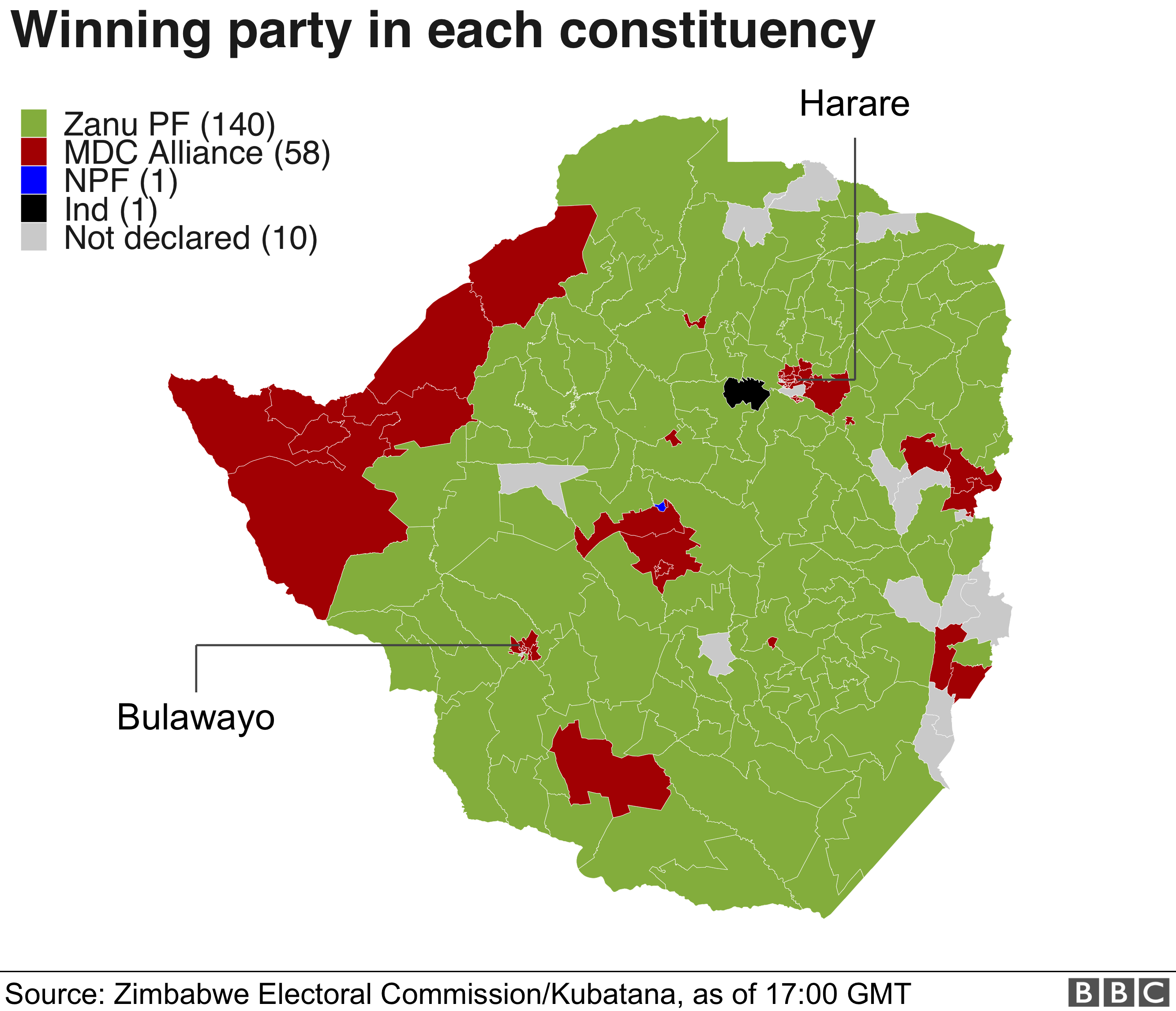 Карта результатов выборов. MDC победил в городах, но Zanu PF доминировал в сельской местности