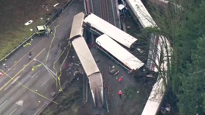 Aerial image showing derailed train carriages