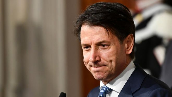 Giuseppe Conte addresses journalists after his meeting with Italy's president, 23 May 2018