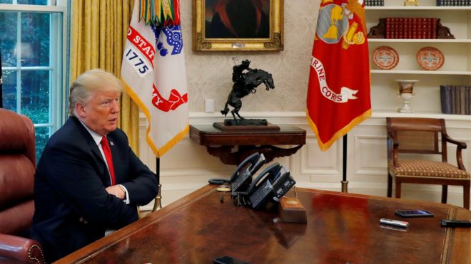 U.S. President Donald Trump answers a reporter's question during an interview with Reuters in the Oval Office of the White House in Washington