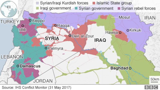 Карта, показывающая контроль над Ираком и Сирией (31 мая 2017 года)
