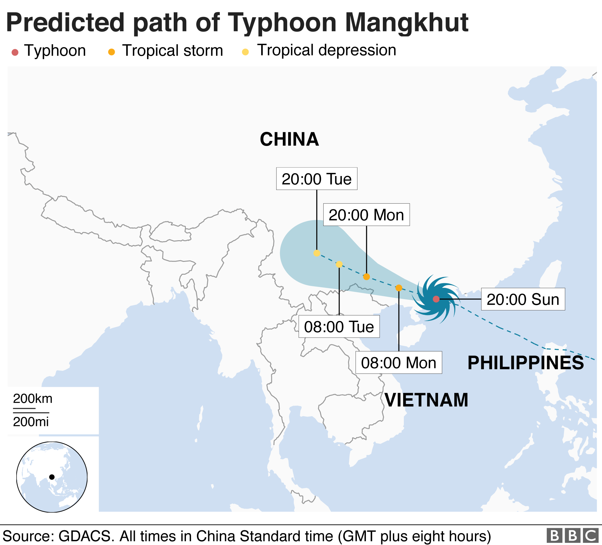 Карта, показывающая путь тайфуна Мангхут по состоянию на 18:00 по Гринвичу в воскресенье, 16 сентября
