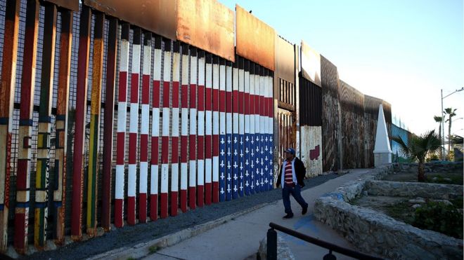 The US-Mexican border fence at Playas de Tijuana, Mexico, 27 January 2017