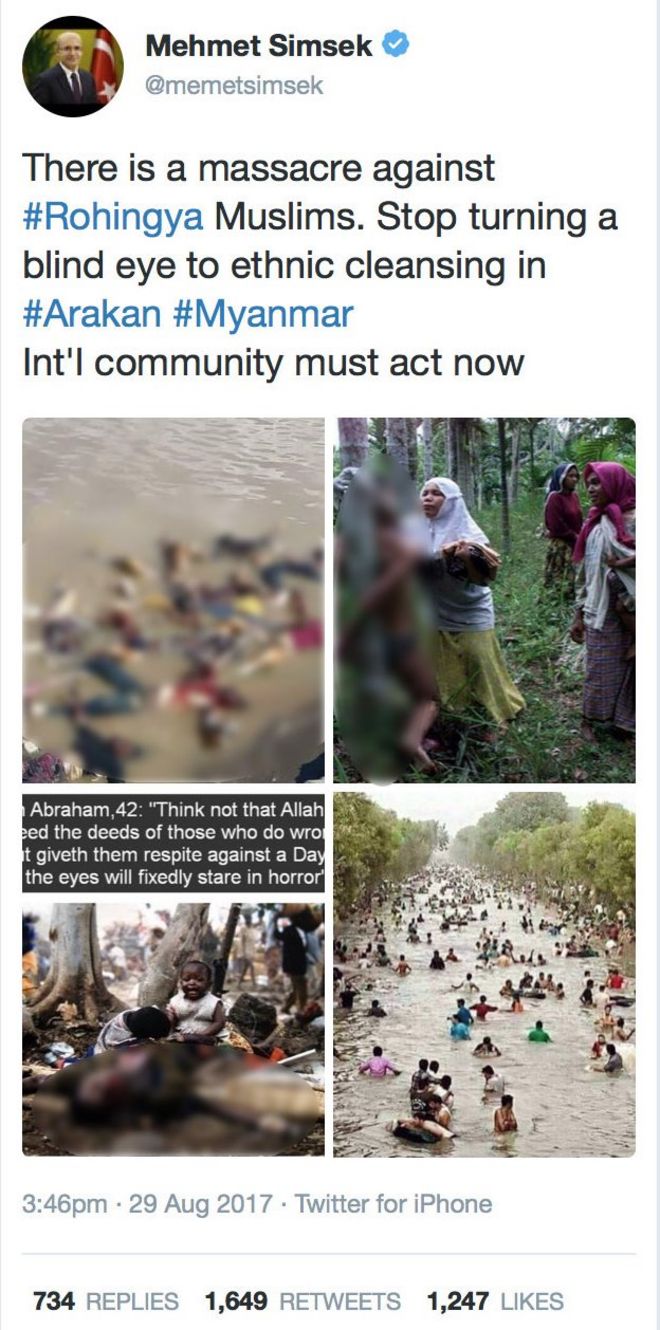 Твит Мехмета Симсека, включая четыре изображения. Текст гласит: «Есть расправа с мусульманами рохинджа. Прекратите закрывать глаза на этнические чистки в #Arakan #Myanmar Международное сообщество должно действовать сейчас & quot;