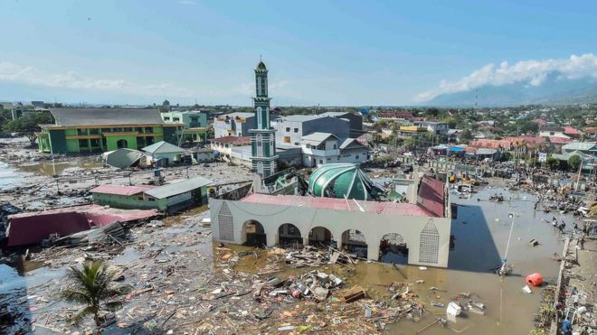 An aerial view of the Baiturrahman mosque which was hit by a tsunami, after a quake in West Palu, Central Sulawesi, Indonesia September 30, 2018