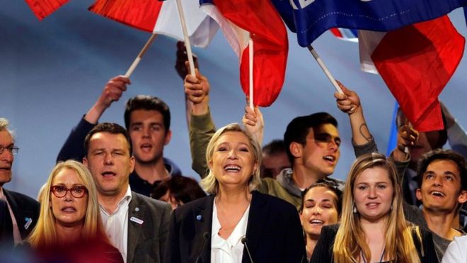 Marine Le Pen, French National Front (FN) political party leader and candidate for French 2017 presidential election, smiles to supporters at the end of a political rally in Bordeaux, France, April 2, 2017.