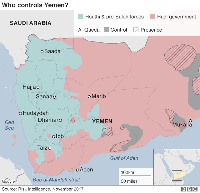 Карта, показывающая контроль над Йеменом (13 ноября 2017 года)