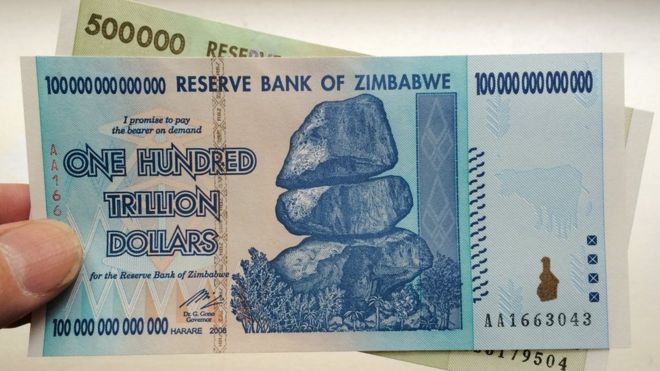Zimbabwe 100 trillion and 500 thousand dollar banknotes, produced after the country experienced a period of hyperinflation.