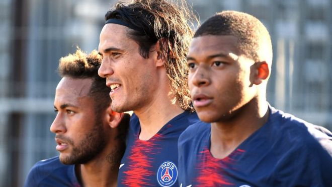 Paris St-Germain forwards Neymar (left), Edinson Cavani (centre) and Kylian Mbappe