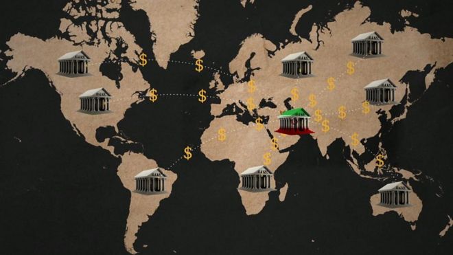 خريطة العالم مع أيقونات بنوك