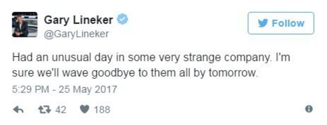 Гари Линекер в Твиттере: Был необычный день в какой-то очень странной компании. Я уверен, что мы махнем им всем до завтра.