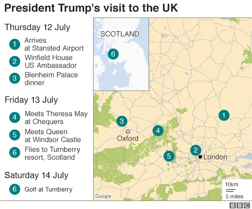 Карта мест, которые посетит президент Трамп