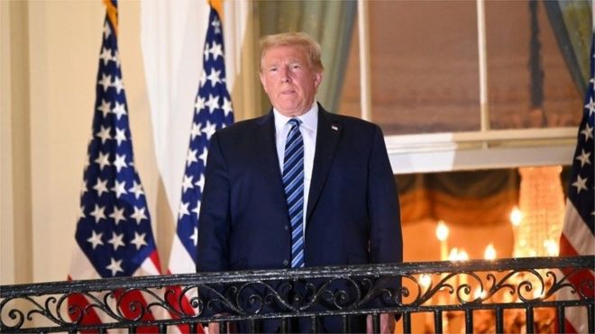 Президент США Дональд Трамп позирует на балконе Трумэна в Белом доме, сняв защитную маску, когда он возвращается в Белый дом после госпитализации в Медицинский центр Уолтера Рида для лечения коронавирусной болезни (COVID-19) в Вашингтоне, США, октябрь 5, 2020