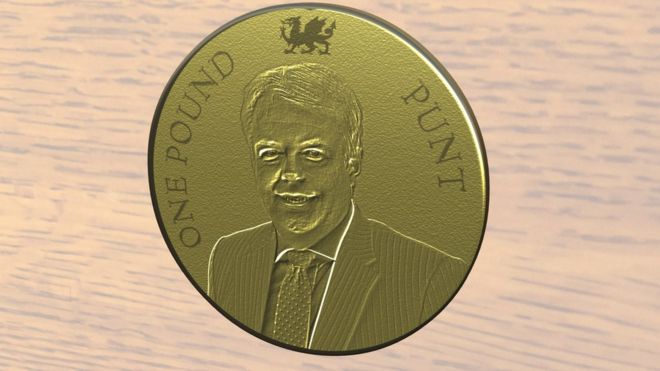 Макет валлийского фунта с изображением лица первого министра Карвина Джонса
