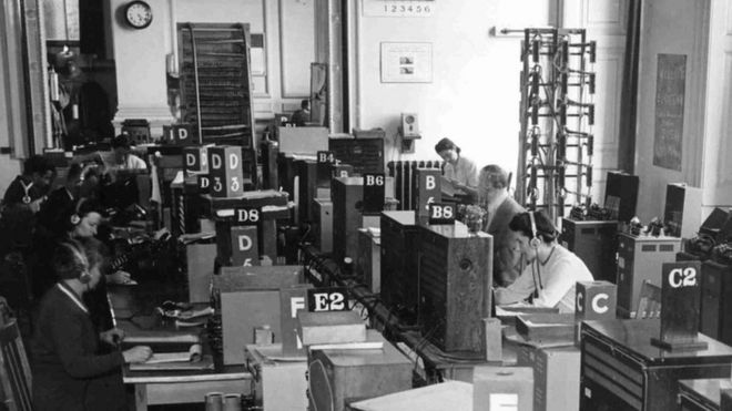 Главная комната для прослушивания на BBC Monitoring в 1945 году