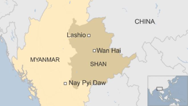 Карта Мьянмы, на которой изображены Лашо и Ван Хай в провинции Шань, а также Най Пиу Дау на окраине