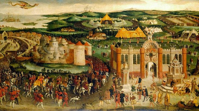 Detalle de pintura titulada 'El campo del paño de oro', que retrata la reunión del 7 al 24 de junio de 1520, entre el rey Enrique VIII de Inglaterra y el rey Francisco I de Francia. Obra hecha en el siglo XVI por un artista desconocido.