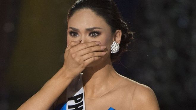 Miss Philippines Pia Alonzo Wurtzbach reacts to the announcement establishing her as Miss Universe 2015