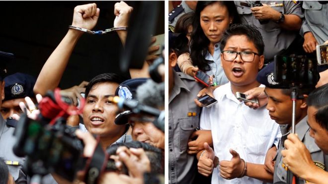 Kyaw Soe Oo (left) and Wa Lone after the verdict