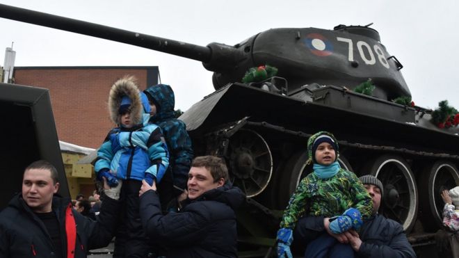 People attend a ceremony to greet T-34 tanks in Naro-Fominsk, 80km from Moscow, on January 20, 2019