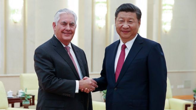 U.S. Secretary of State Rex Tillerson (L) shakes hands with Chinese President Xi Jinping (R) before their meeting at the Great Hall of the People on September 30, 2017 in Beijing, China.