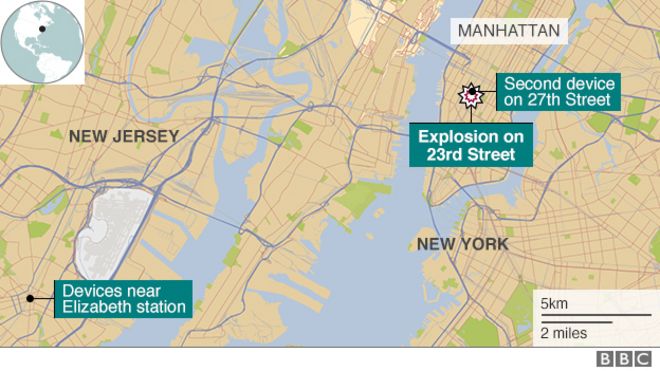 Карта, показывающая взрывные устройства в Нью-Йорке и Нью-Джерси