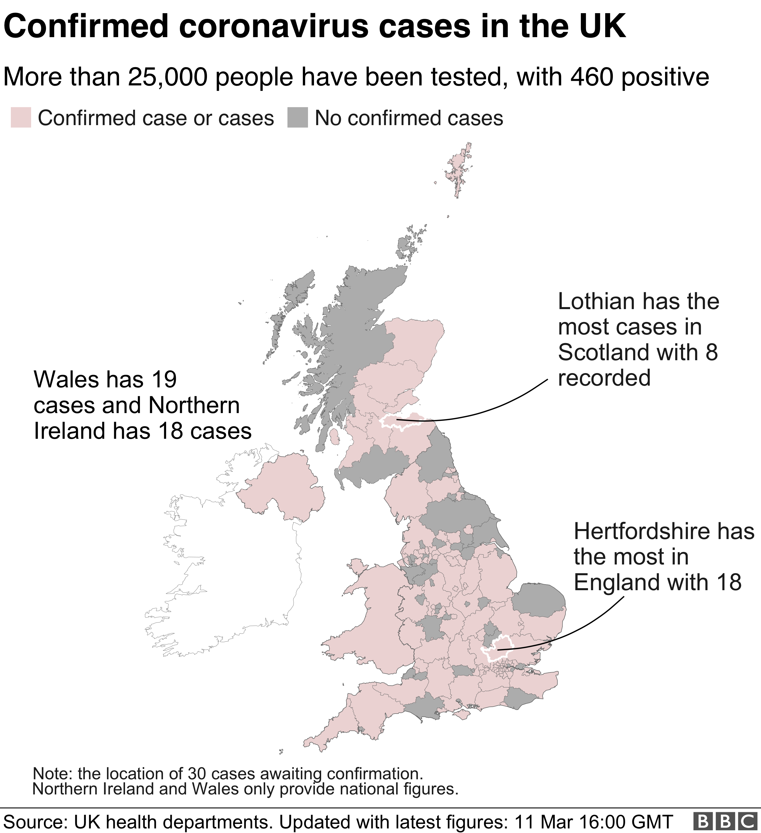 Карта, показывающая районы Великобритании с случаями коронавируса