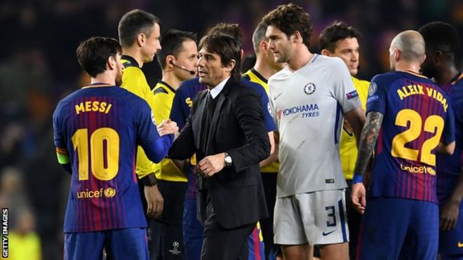 Antonio Conte greets Lionel Messi at the final whistle.