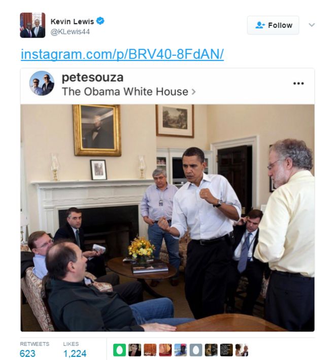 Кевин Льюис пишет в Твиттере к старой фотографии в Instagram, посвященной празднованию Барака Обамы