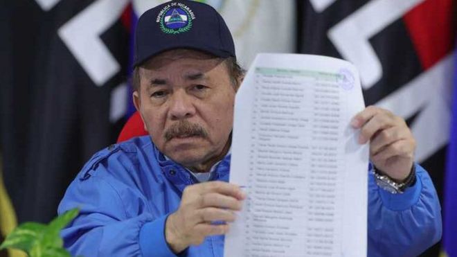 Daniel Ortega muestra la lista de los 222 opositores excarcelados y "deportados" a Washington.