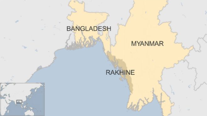 карта Мьянмы с изображением региона Ракхайн и соседнего Бангладеш