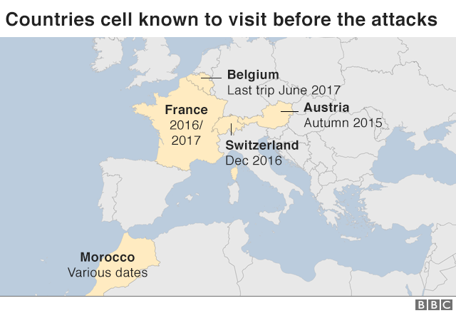 Карта, показывающая Бельгию, Францию, Марокко, Швейцарию и Австрию - страны, которые, как известно, посетила ячейка в преддверии атак